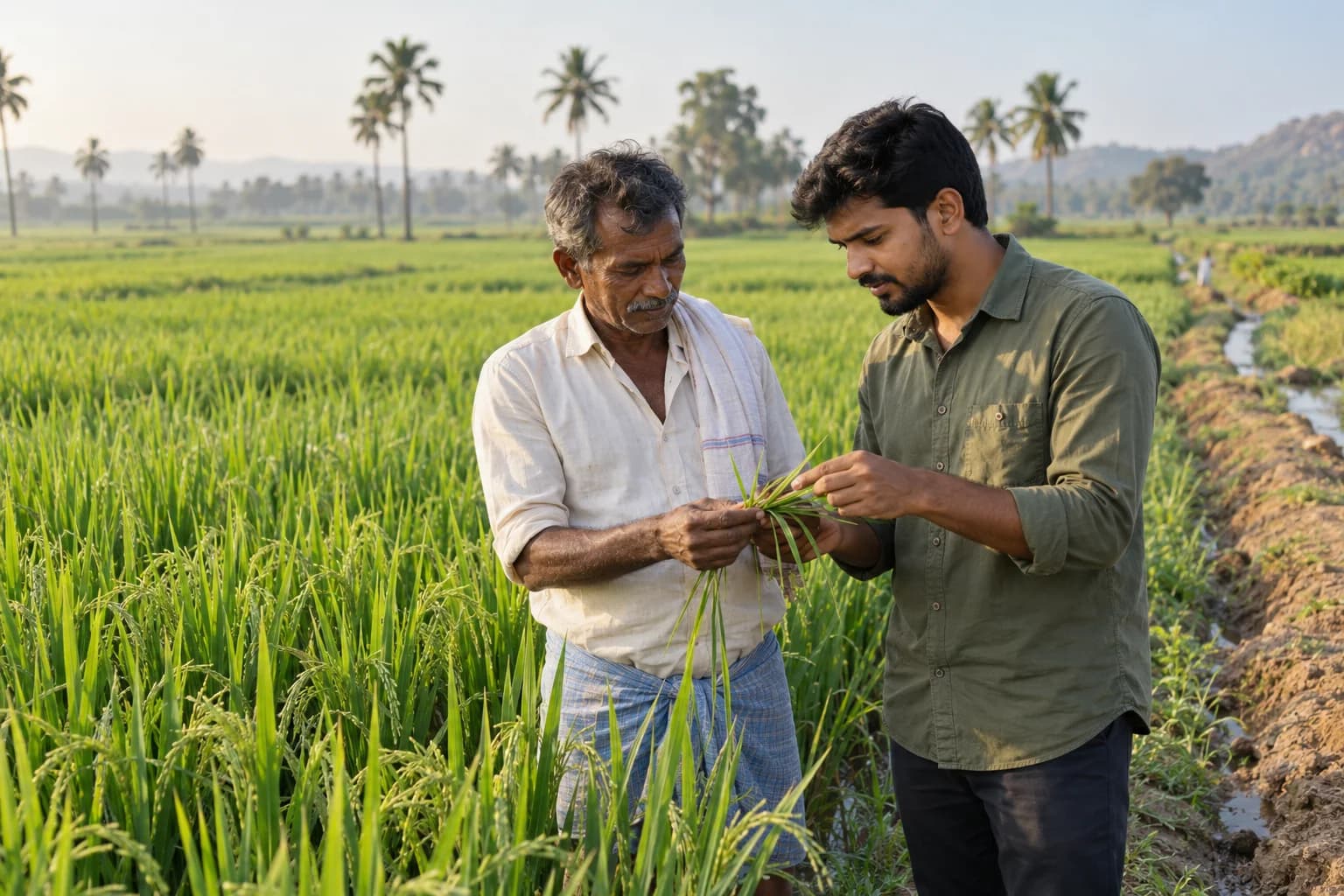 Indian farmer and agronomist inspecting healthy paddy leaves together