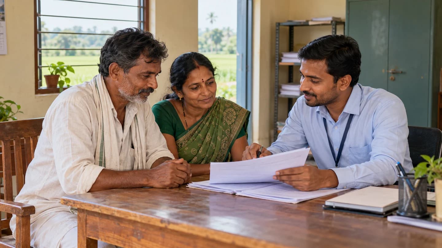 Indian farming family discussing insurance paperwork with a support advisor
