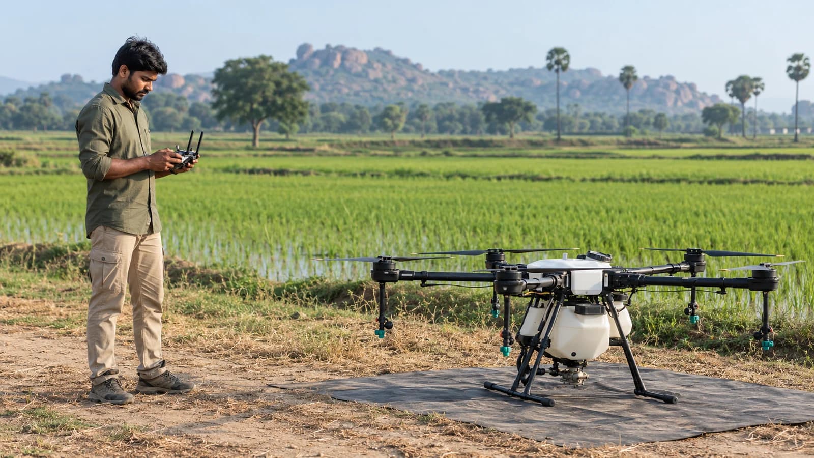 Agricultural drone operator preparing equipment beside an Indian paddy field
